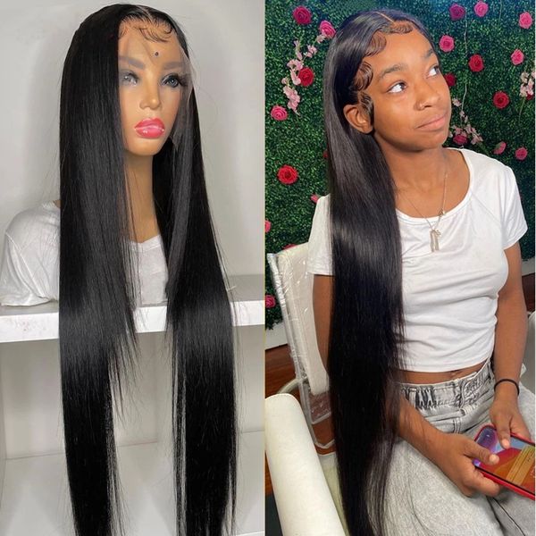 

straight transparent 13x4 lace front human hair wigs 30 32 38 inch for black women glueless 4x4 closure wig pre plucked long, Black;brown