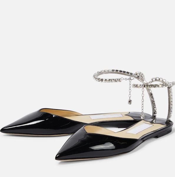 

summer luxury saeda sandals women's flat bottom crystal chain strap sparkling pointed beautiful women's walking luxury shoes eu35-, Black