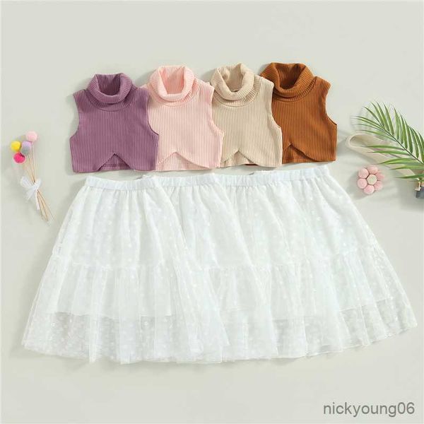 

clothing sets girls suit 2023 summer fashion children ribbed sleeveless tank elastic dot print mesh skirt two-piece, White