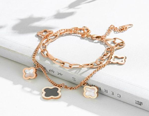 

luxury double layered hollowed clover charm bracelet lucky stainless stee four leaf jewelry8114842, Golden;silver