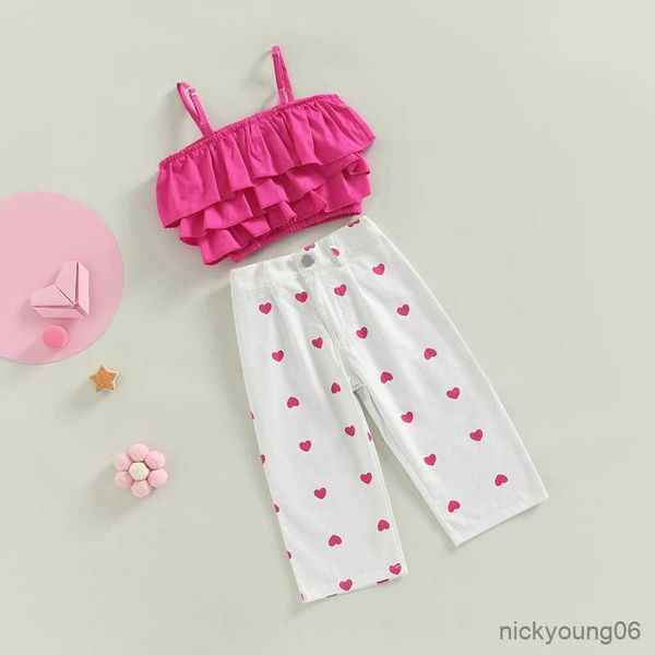 

clothing sets girls summer outfit solid color layered ruffle camisole and heart print pants children suit kid set, White