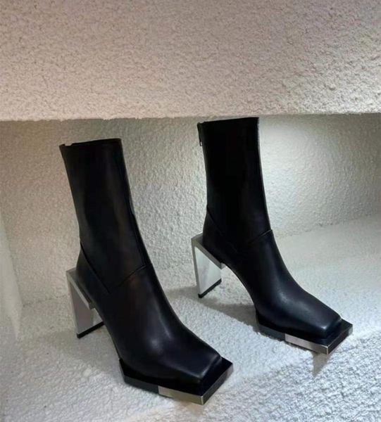 

ankle boots women autumn winter metal square toe high heel short boot genuine leather fashion pumps runway 20228469766, Black