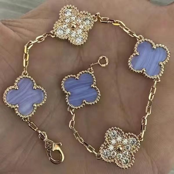 

s925 sterling silver luxury brand design van four-leaf flower high-end ladies bracelet, Black
