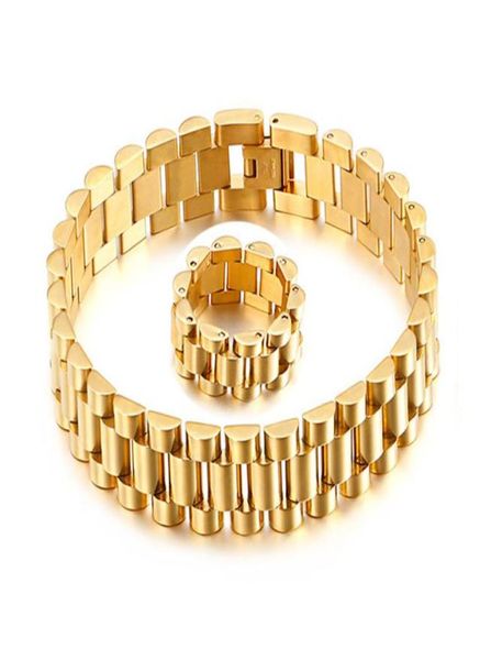 

15mm men women stainless steel watch band strap chain bracelet punk watchband wristband bracelets rings gold hiphop wrist strap bi5078226, Black