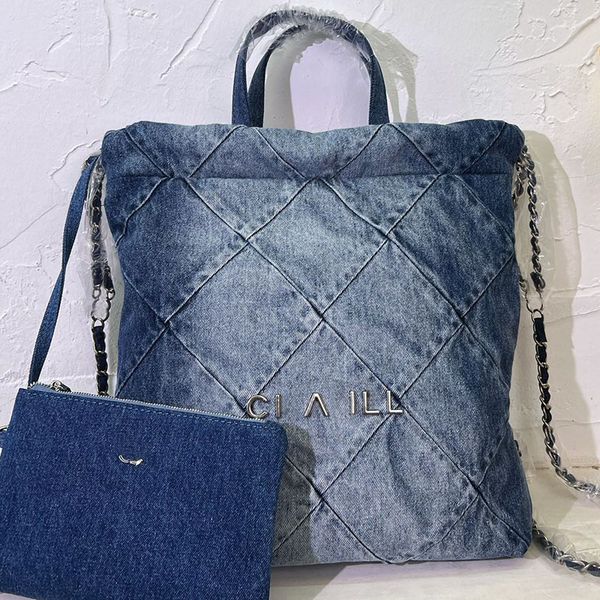 

22 denim women designer jumbo backpack bag with handle silver letter metal hardware double matelasse chain portable shoulder with coin purse