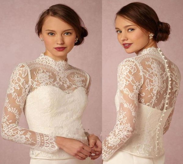 

high neck bridal wraps long sleeve wedding lace applique jackets bridal jacket bolero jacket plus size35218922834832, White