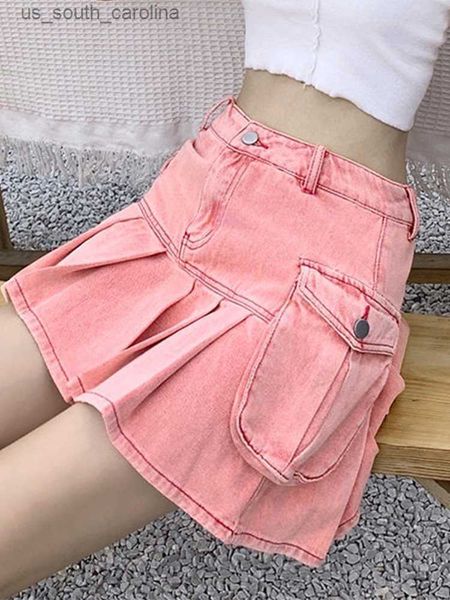 

pink girl denim short skirt female harajuku kawaii summer new ins high waist hip skirt pleated skirt e-girl mini skirts l230522, Black