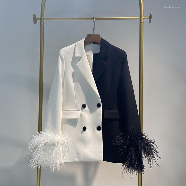 

fashion designer jacket women's classic feather cuffs blazer chic blazer coat ladies double breasted outerwear stylish, White;black