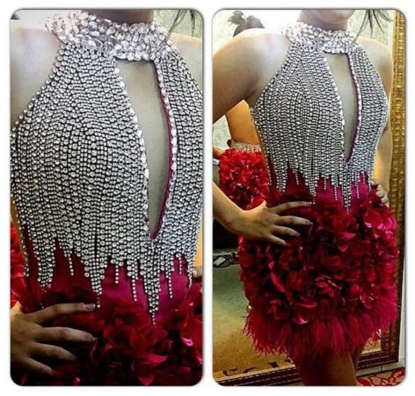 

short red feather cocktail dresses keyhole neck crystal sheath evening gowns sleeveless beaded mini party dress39301974958876, Black