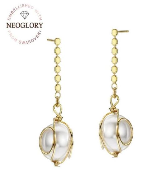 

neoglory simulated pearl round white ball long dangle earrings elegant style for lady gold color classic gift trendy chandelier5454790, Silver