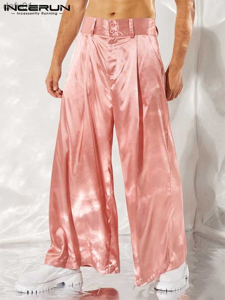 

men's pants incerun men casual pants solid color button high waist 2023 leisure wide leg trousers men pockets streetwear fashion pantal, Black