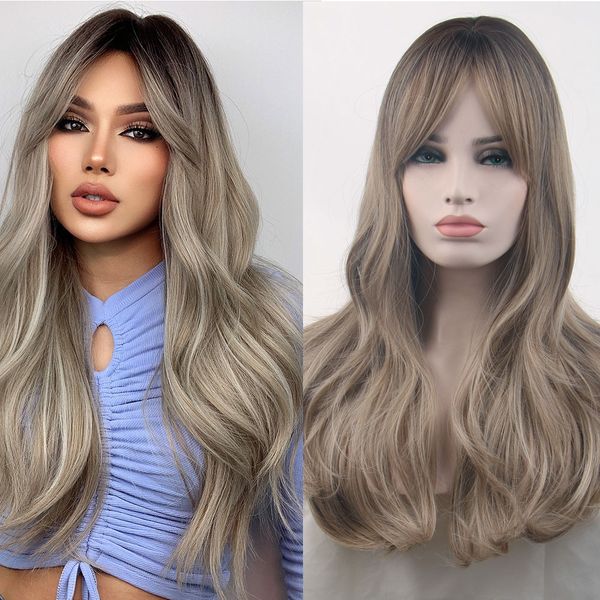 

loose wavy wigs neat bangs synthetic hair wig long mix color woodfestival female cosplay women, Black