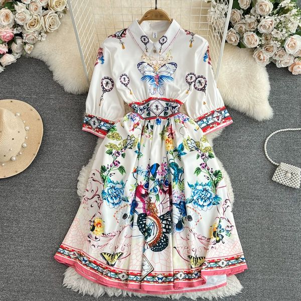 

2023 summer high end light luxury ladies style polo neck waist slim mid length a-line print dress, Black;gray