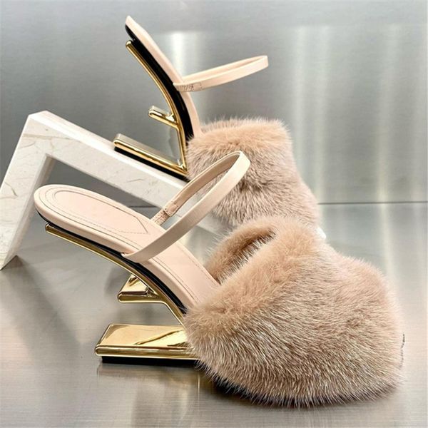 

fashion women fur slippers peep toe gladiator sandals dress pumps summer letter strange heel mules high heel wedge shoes, Black