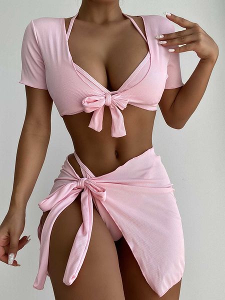 

new bikini four piece swimsuit women's solid color swimsuit multi piece set, White;black