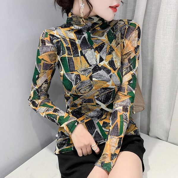 

t-shirt #8902 spring autumn printed t shirt women fashion slim turtleneck tshirt female mesh long sleeve womens s4xl, White