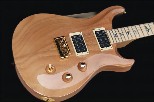 

factory custom natural wood color electric guitar with flame maple neck, abalone bird fret inset, maple fretboard, customizable