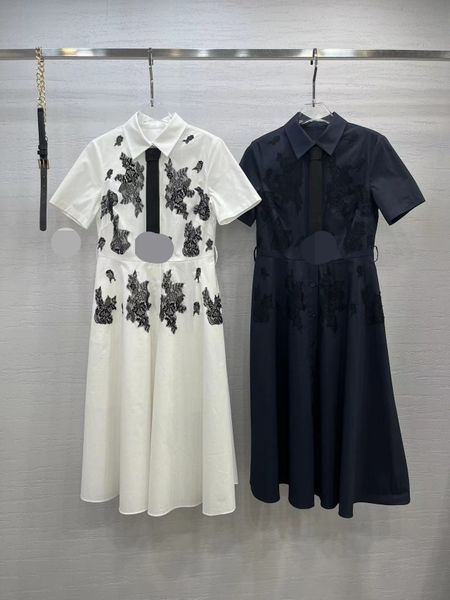 

518  2023 runway dress lapel neck short sleeve black dress empire brand same style dress flora print womens clothes weilank970