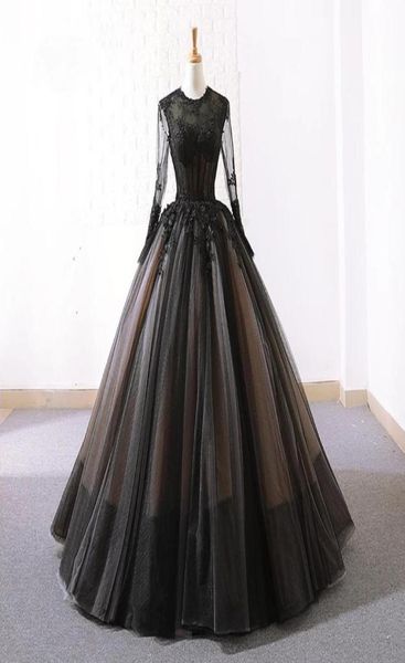 

vintage black nude gothic wedding dresses with long sleeves jewel neck floor length non white bridal gowns with color custom made6578702