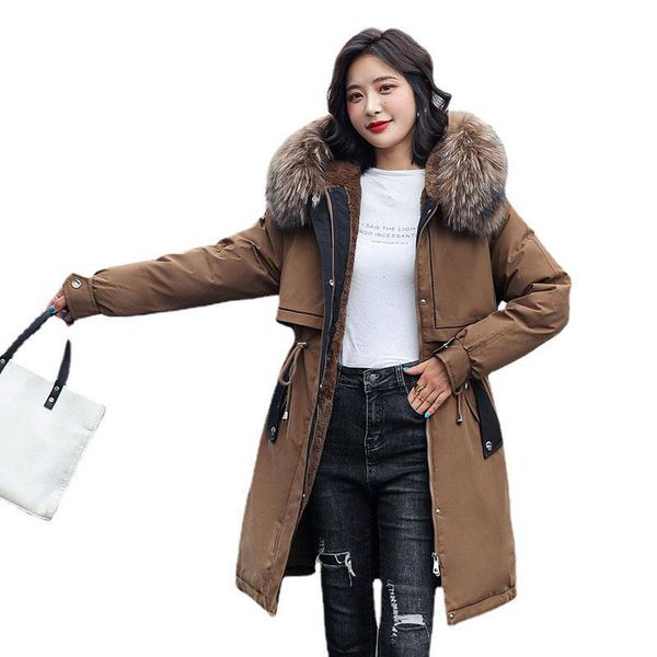 

leather parker padded women's plush liner removable overtheknee padded coat 2023 new winter thick warm women's cotton coat nbh690, Black