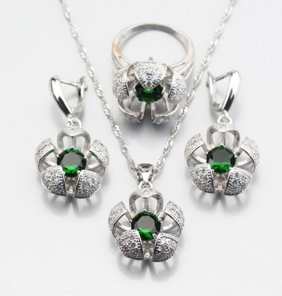 

earrings necklace selling threedimensional silver color green created emerald flower jewelry sets for women ring 678910 js31230133