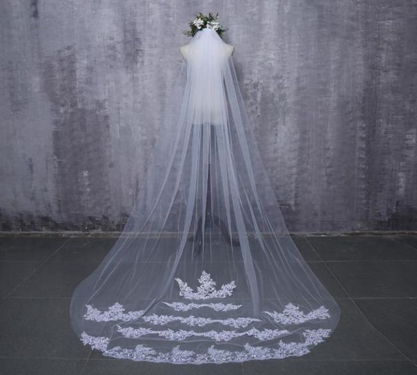 

2019 bride veils white applique tulle 3 meters veu de noiva long wedding bridal accessories lace veil2634481, Black