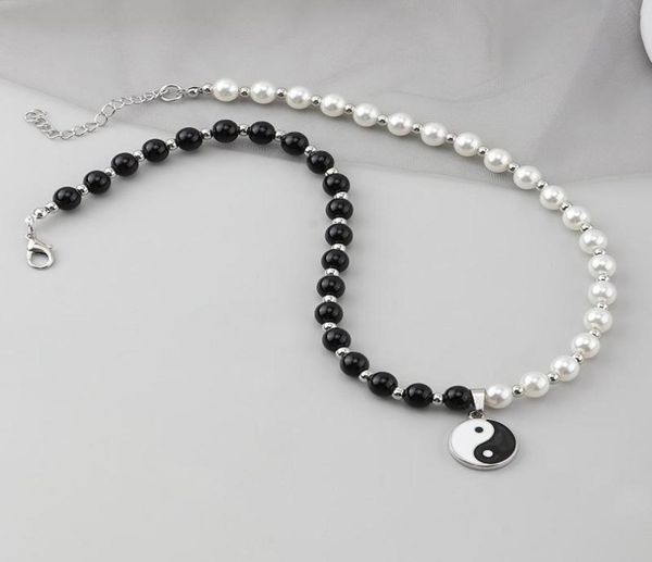 

chokers round pearl beads yin yang taichi pendant stainless steel chain necklace couple jewelry women mens7012605, Golden;silver