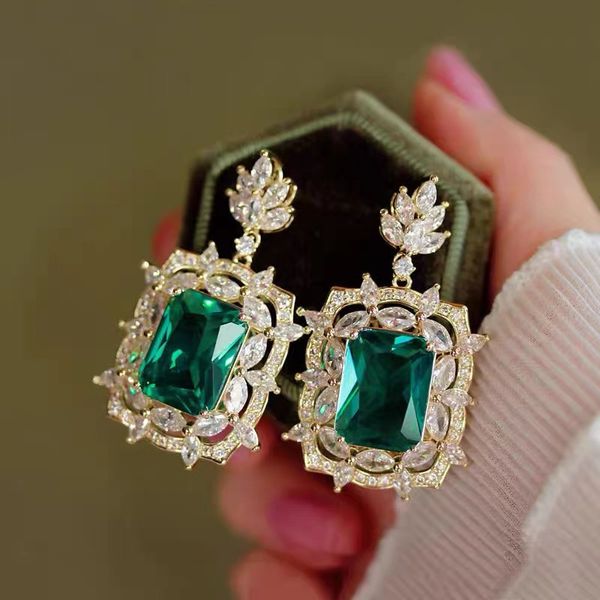 

vintage lab emerald dangle earring 925 sterling silver jewelry wedding drop earrings for women bridal promise party jewelry gift, Golden;silver