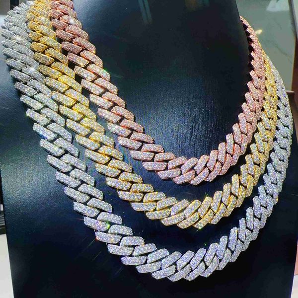 

hip hop jewelry cuban link chain 15mm brass 2rows 5a+ cz diamond chain mens necklace, Silver
