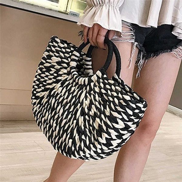 

handle summer handmade straw weave bags women beach weaving ladies bag wrapped moon shaped handbags totes