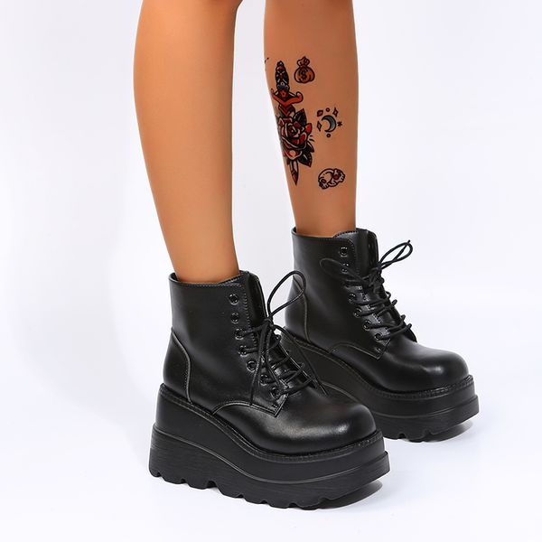 

punk ankle booties women leather short platform wedge boots ladies high-heel heightening shoes modern boots black