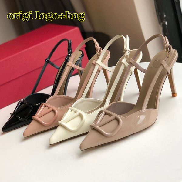 

summer brand women sandals high heels pointed toe shoes with v-buckle thin heel 6cm 8cm 10cm nude black solid patent leather luxury women&#0