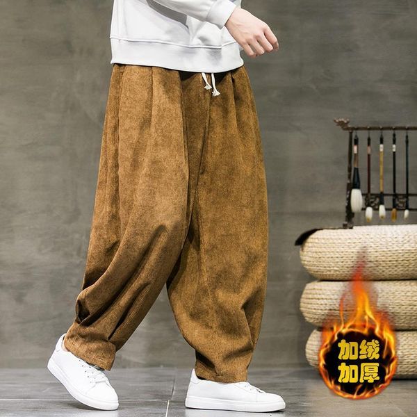 

pants men's harem pants winter plus velvet thickened wide leg carrot pants plus size corduroy retro casual pants trend trousers, Black