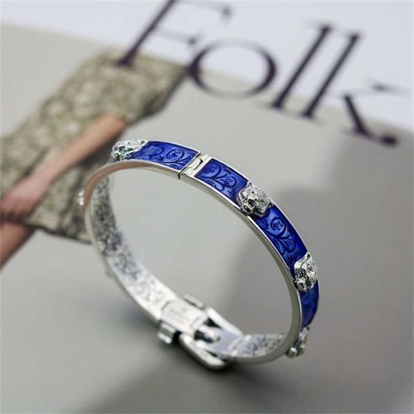 

20% off 2023 new designer jewelry bracelet necklace ring qi personality blue enamel head interlocking belt couple bracelet, Silver