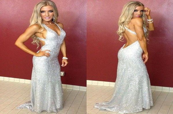 

2022 silver bling sequined open back prom dresses long party prom gowns halter plunging v neck pageant red carpet7251412, Black