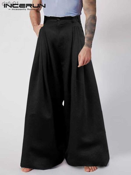 

men's pants incerun 2023 new men fashion casual pantalons solid all-match simple male baggy high waist trousers drop crotch long pants, Black