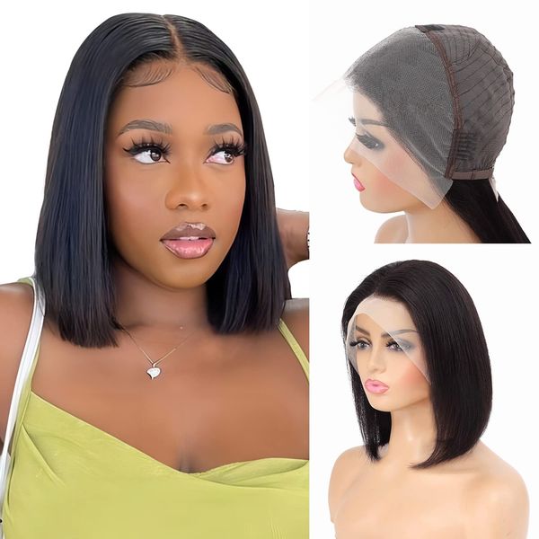 

brazilian 13*4 lace front wig short human hair wigs remy hair 4*4 lace short bob straight wig wigs for women swiss lace qt hair, Black;brown