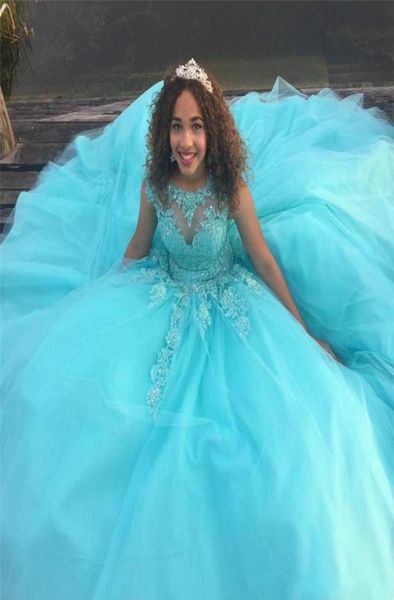 

sweet 16 ages gown quinceanera dresses puffy beads sheer neck lace applique tulle bodice long prom dresses pageant formal party ba5905998, Blue;red