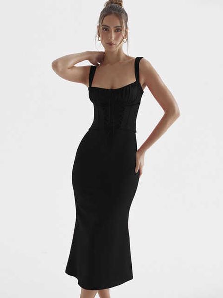 

spaghetti strap dress for women 2023 fashion vintage square collar lace-up midi dress elegant slim backless dress, Black;gray