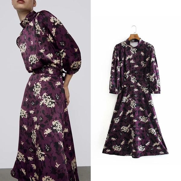 

dresses traf 2022 vintage fashion women dress vintage floral print oneck dress long sleeve sashes aline vestidos mujer chic dresses, Black;gray