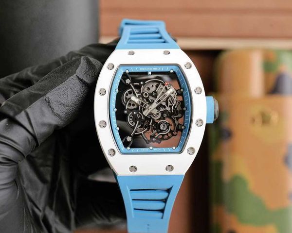 

rm055 superclone flywheel luxury movement watch wine barrel leisure business rm055 fully automatic crystal case white glue band men swiss wr, Slivery;brown