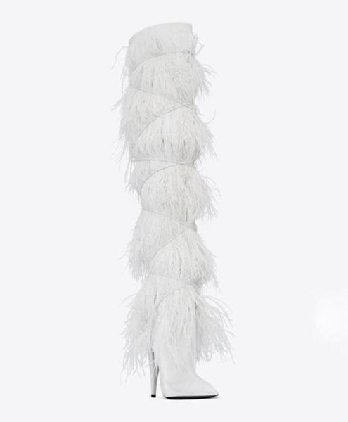 

boots custom made fether winter over the knee high heel runway women shoes warm rivet bird feather fashon party 10 cm3144272, Black