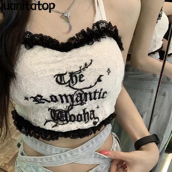 

t-shirt juanitasummer women's crop lace grunge egirl elastic cotton camis sleeveless short korean tank bar y2k top, White