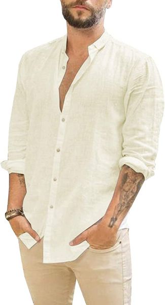 

solid linen shirt for men summer casual long sleeve shirt, White;black