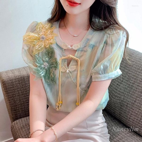 

women's t shirts chinese style buckle chiffon shirt for women national women's clothing 2023 summer short sleeve chic tshirt, White