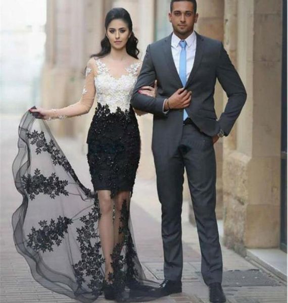 

black white mermaid evening formal dresses long sleeves 2020 lace beaded see through trumpet middle east arabic evening gowns2981251, Black;red