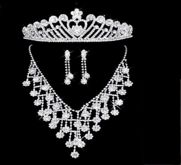 

rhinestone flowers bridal jewelry sets crown earrings neckline 3 pieces tiaras for wedding hair accessories3917266, White