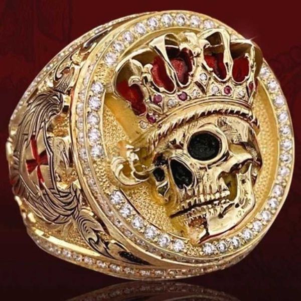 

band rings personlity 3d stereo engraving crown skull rings for women men hip hop gold color red zircon skeleton biker ring party jewelry j2, Silver