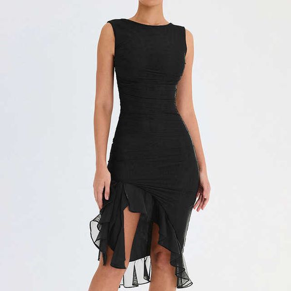 

fashion midi dress for women sleeveless o neck ruffles patchwork folds dresses asymmetrical summer bodycon dress, Black;gray