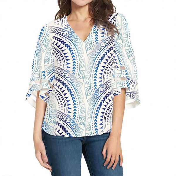 

polynesian tribal clothing samoan island style shirts blue tapa flower print custom half elbow sleeve plus size women's clothingxqp, White